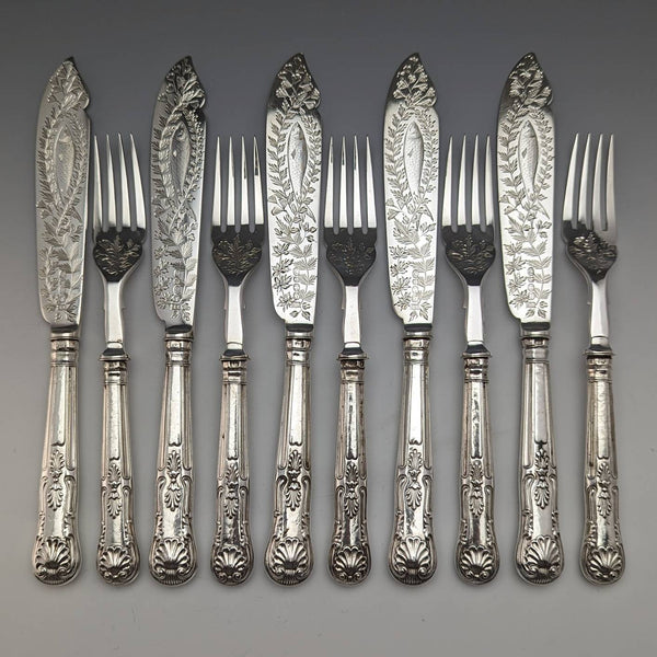 British antique sterling silver handle fish cutlery 5 pair set in cloth case