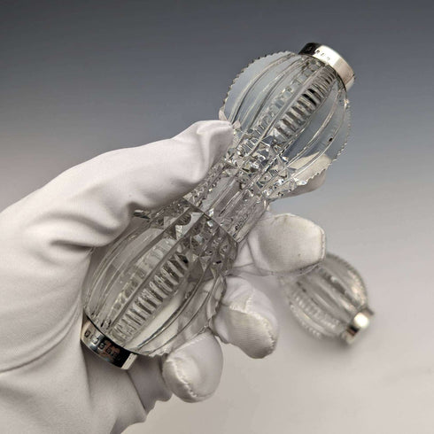 1903 British antique cut glass knife rest pair sterling silver decoration J Gilbert