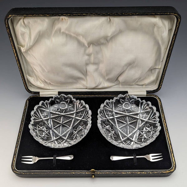 1927 年英國復古切割玻璃碟一對純銀叉子套裝 CW Fletcher & Sons 盒裝