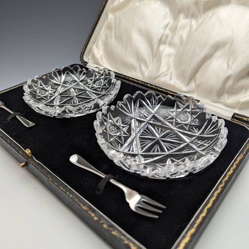 1927 British vintage cut glass dish pair sterling silver fork set CW Fletcher & Sons boxed
