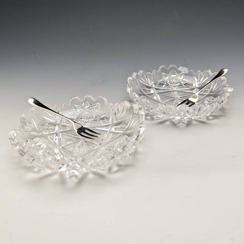 1927 British vintage cut glass dish pair sterling silver fork set CW Fletcher & Sons boxed