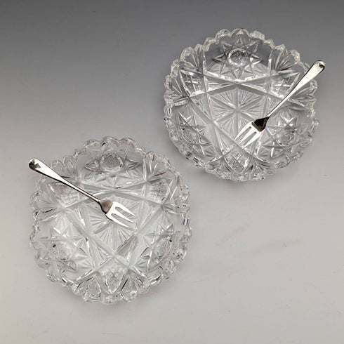 1927 British vintage cut glass dish pair sterling silver fork set CW Fletcher & Sons boxed