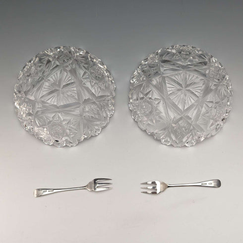 1927 British vintage cut glass dish pair sterling silver fork set CW Fletcher & Sons boxed