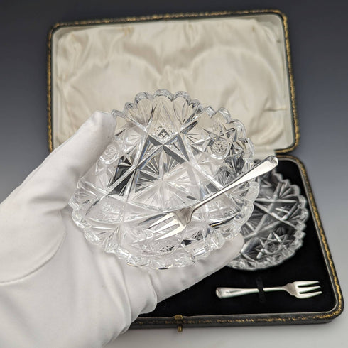 1927 British vintage cut glass dish pair sterling silver fork set CW Fletcher & Sons boxed