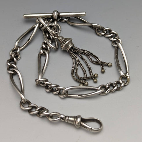 1900年頃 英国アンティーク 純銀製アルバートチェーン 30g ファンシーリンク タッセルフォブ