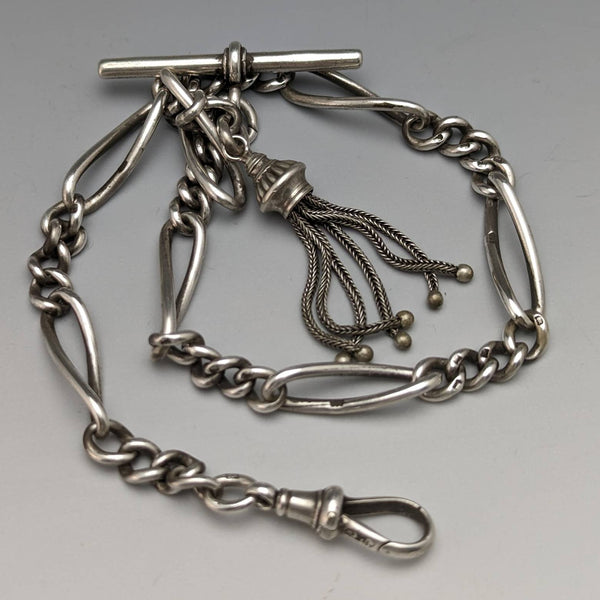 Around 1900 British Antique Sterling Silver Albert Chain 30g Fancy Link Tassel Fob