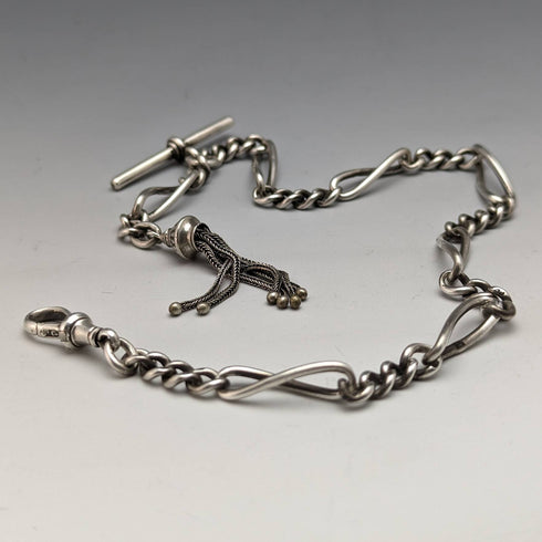 Around 1900 British Antique Sterling Silver Albert Chain 30g Fancy Link Tassel Fob