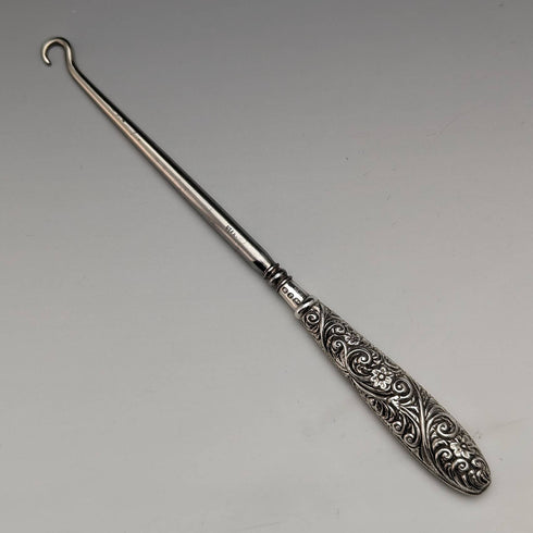 1898 British Antique Pure Silver Handle Button Hook Henry Williamson