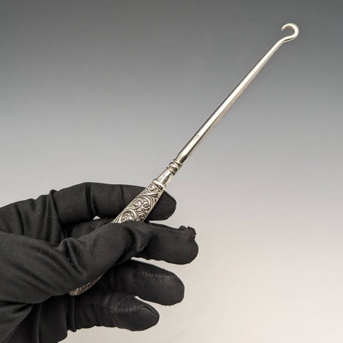 1898 British Antique Pure Silver Handle Button Hook Henry Williamson