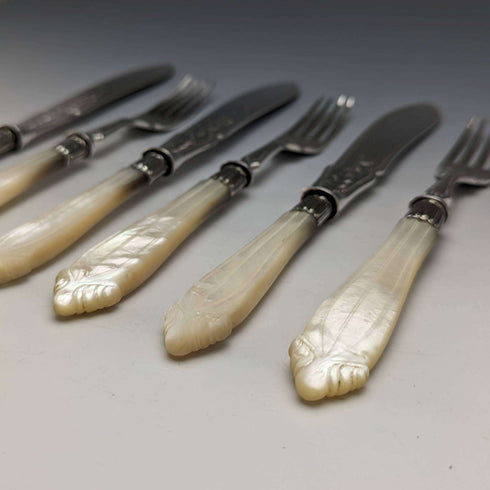 1877 British Antique Pure Silver Blade White Butterfly Shell Handle Fish Cutlery 3 Pairs Set William Hutton