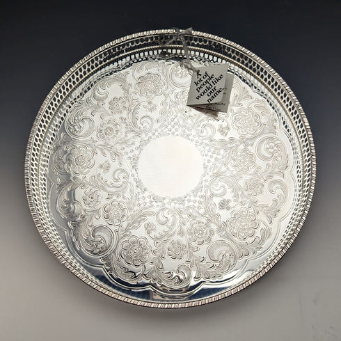 英国ヴィンテージ シルバープレート製 ギャラリートレイ 直径26cm 箱入り デッドストック