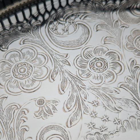 英国ヴィンテージ シルバープレート製 ギャラリートレイ 直径26cm 箱入り デッドストック