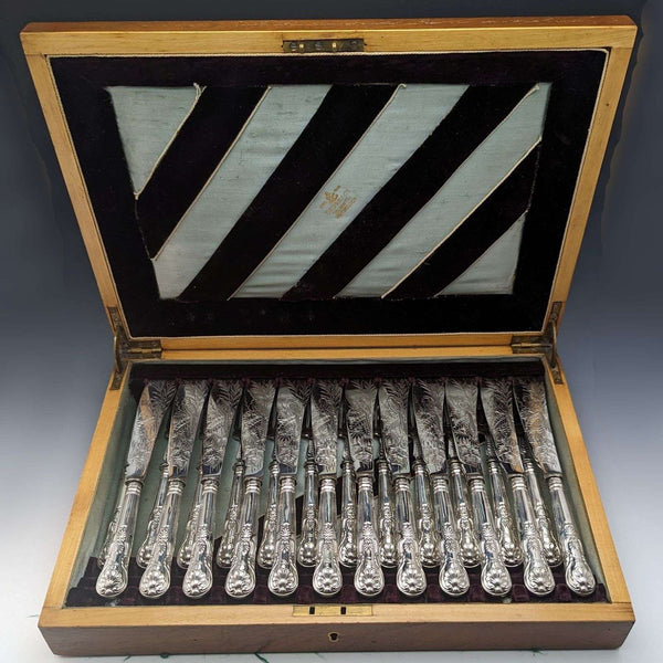 【預留】1836年英國古董純銀柄魚餐具12對套裝盒裝