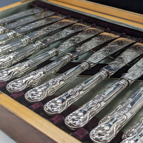 【ご予約済】1836年 英国アンティーク 純銀製ハンドル フィッシュカトラリー 12ペアセット 箱入り