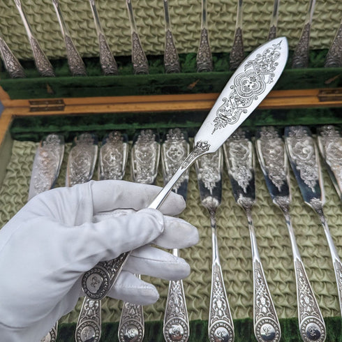 英国アンティーク シルバープレート製 フィッシュカトラリー 12ペアセット 箱入り Cooper Brothers