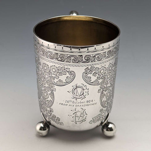 1904 British antique sterling silver mug 130g Walker and Hall