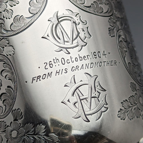 1904 British antique sterling silver mug 130g Walker and Hall