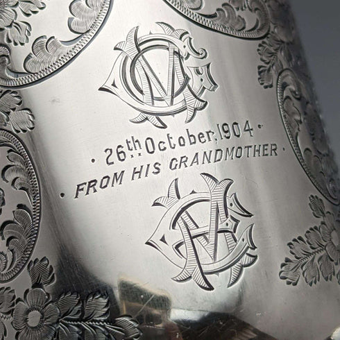 1904 British antique sterling silver mug 130g Walker and Hall