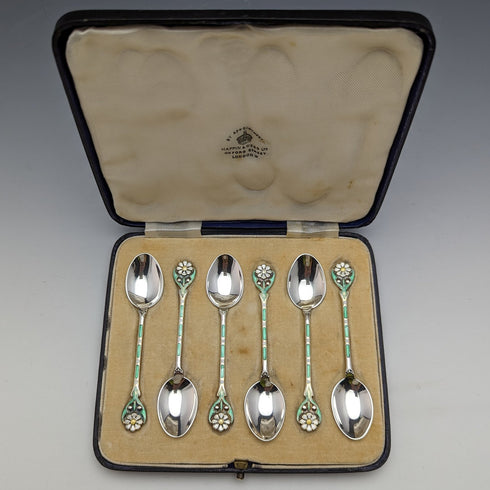 1938年 英国ヴィンテージ エナメル装飾 純銀製ティースプーン6本セット ケース入り MAPPIN and WEBB
