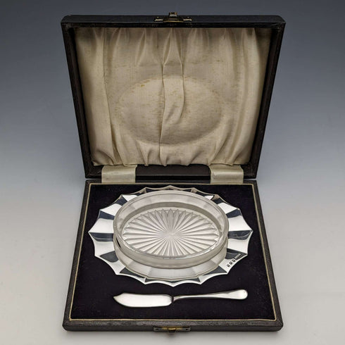 1930s British Vintage Pure Silver & Glass Inner Butter Dish in Case