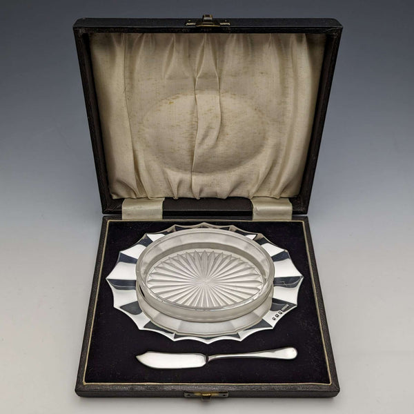 1930s British Vintage Pure Silver & Glass Inner Butter Dish in Case