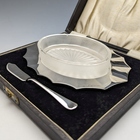1930s British Vintage Pure Silver & Glass Inner Butter Dish in Case