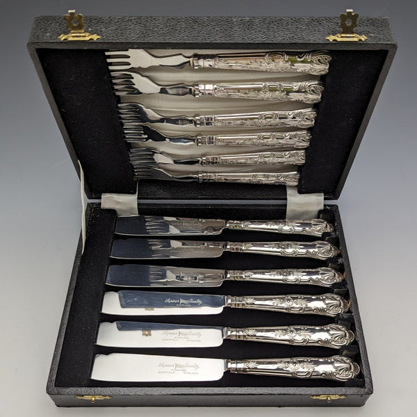 1973 British Vintage Sterling Silver Handle Cutlery 6 Pair Set Boxed Harrison Brothers