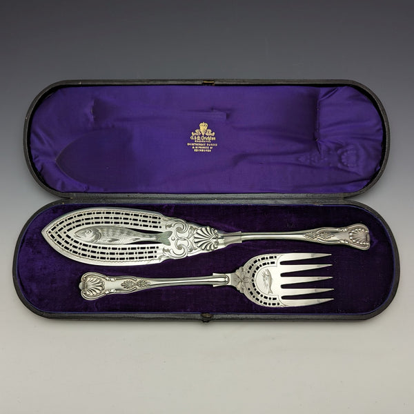Late 19th century British antique silver plate fish server set in box Levesley Brothers