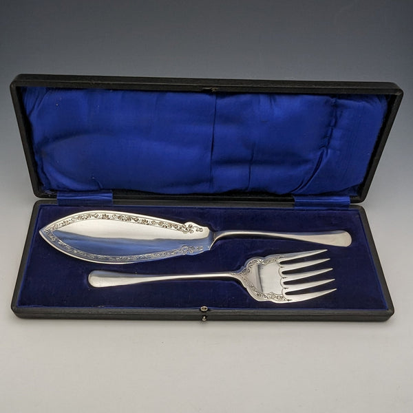 Around 1910 British antique silver plate fish server set in box Levesley Brothers
