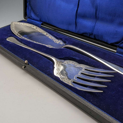 Around 1910 British antique silver plate fish server set in box Levesley Brothers