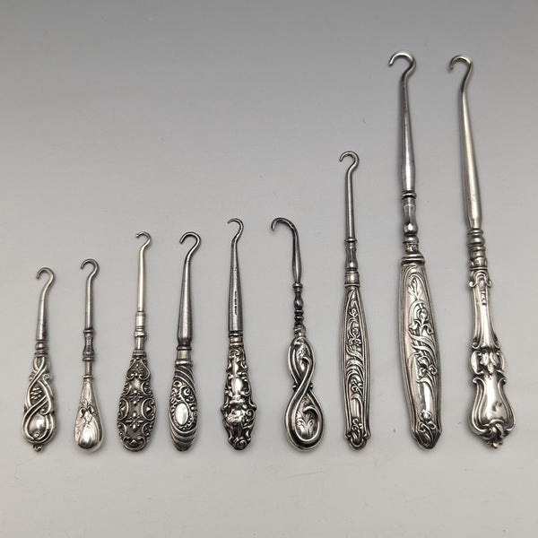 Around 1910 British antique silver plate handle button hook set of 9