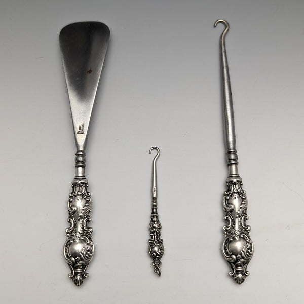 1912 British Antique Pure Silver Handle Shoehorn Button Hook x2 Set Adie & Lovekin