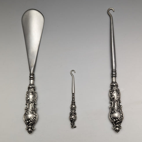 1912 British Antique Pure Silver Handle Shoehorn Button Hook x2 Set Adie & Lovekin