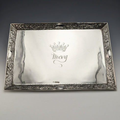 1896年 英国アンティーク 純銀 角型ドレッシングテーブルトレイ 666g Florence Warden