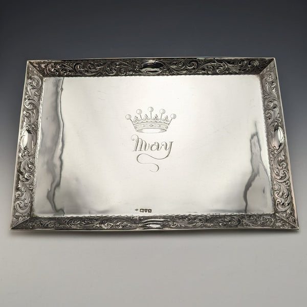 1896 British Antique Pure Silver Square Dressing Table Tray 666g Florence Warden
