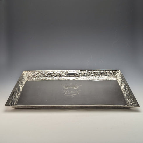 1896年 英国アンティーク 純銀 角型ドレッシングテーブルトレイ 666g Florence Warden