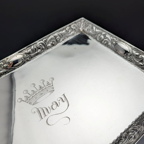 1896年 英国アンティーク 純銀 角型ドレッシングテーブルトレイ 666g Florence Warden