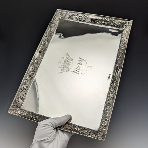 1896年 英国アンティーク 純銀 角型ドレッシングテーブルトレイ 666g Florence Warden