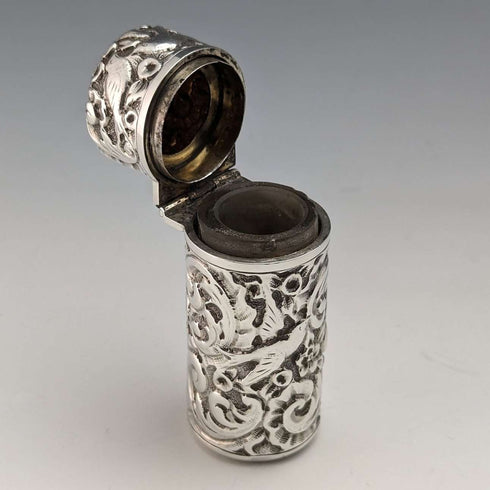1896 British Antique Sterling Silver Relief Bird Sculpture Portable Perfume Bottle Sampson Mordan