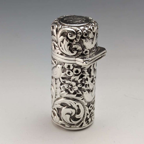 1896 British Antique Sterling Silver Relief Bird Sculpture Portable Perfume Bottle Sampson Mordan