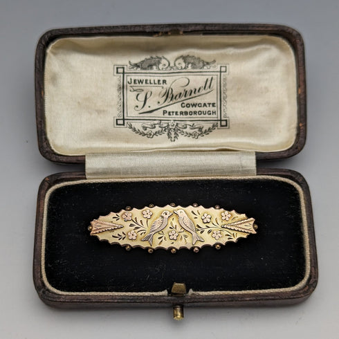 1875年頃 英国アンティーク 9ctゴールド製 小鳥装飾 ピンブローチ ケース入