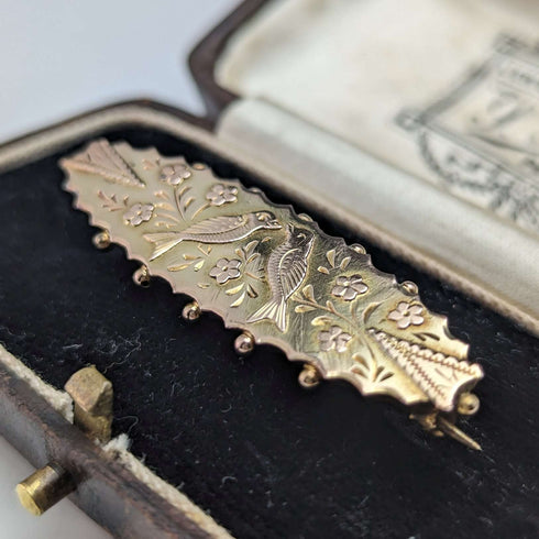 1875 年左右英國古董 9 克拉黃金小鳥裝飾別針胸針盒裝
