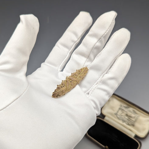 1875年頃 英国アンティーク 9ctゴールド製 小鳥装飾 ピンブローチ ケース入