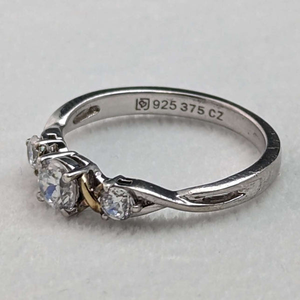 British Vintage Jewelry Cubic Zirconia Pure Silver & 9ct Gold Ring