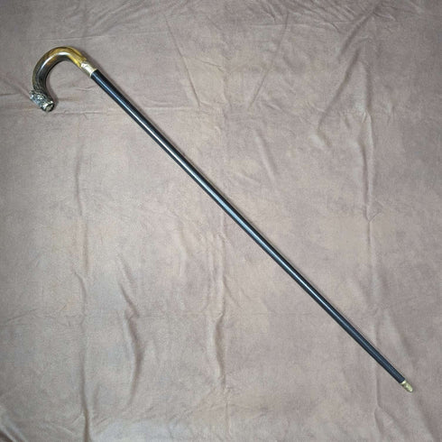 Around 1900 British antique gentleman's walking stick with owl decoration, curved horn handle 90cm