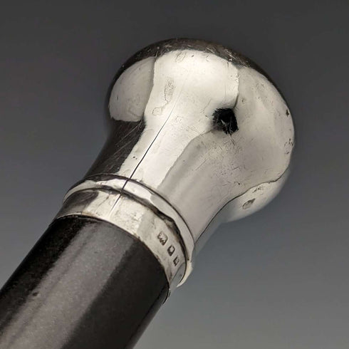 1922 British antique gentleman's walking stick, black shaft, pure silver, round handle, 92cm