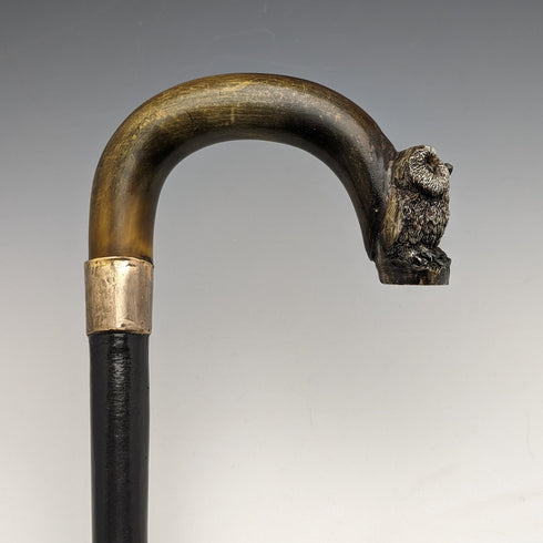 1900年左右 英國古董 紳士用手杖 貓頭鷹裝飾 彎曲角手柄 90cm