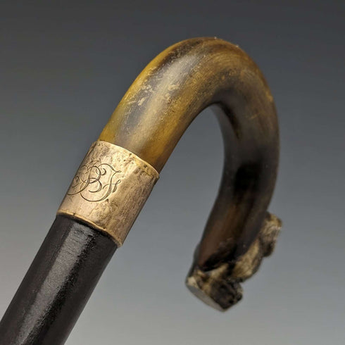 Around 1900 British antique gentleman's walking stick with owl decoration, curved horn handle 90cm