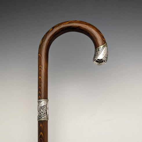 1922年 英國古董 紳士用手杖 茶色杖身 純銀浮雕裝飾 彎曲手柄 90cm