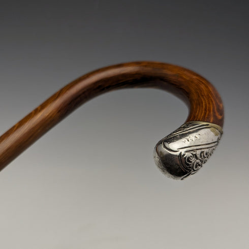 1922年 英國古董 紳士用手杖 茶色杖身 純銀浮雕裝飾 彎曲手柄 90cm